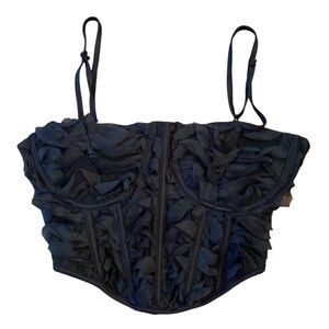 Jolie & Joy Black Ruffled Organza Bustier Sheer Back Zip Corset Sz M